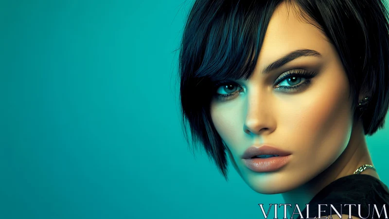 Electric gaze in teal velvet light and sharp noir glamour.