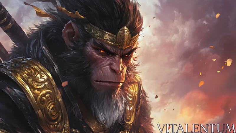 Mythic monkey warrior watching stormlit skies in silence.