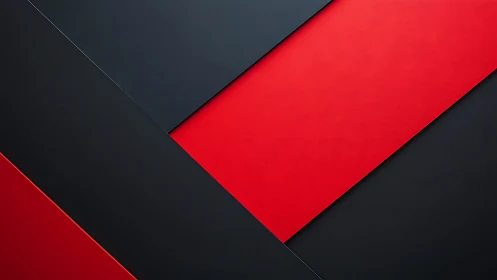 Bold red and black diagonal panels create dynamic contrast
