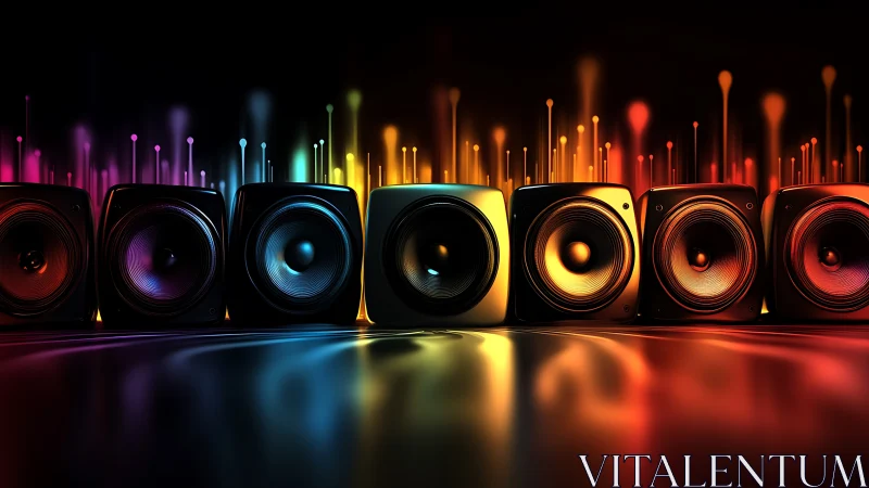 Colorful speakers with equalizer light trails on black background.