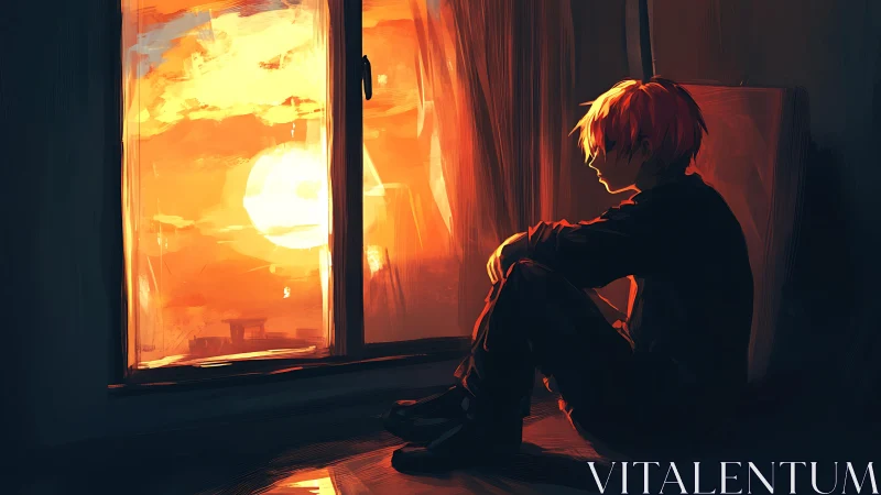 Digital painting of pensive youth by blazing sunset window.