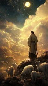 Shepherd with flock under moonlit sky and dense clouds.