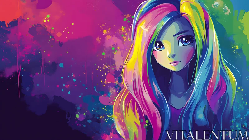 Neon anime portrait with multicolor hair against splatter gradient
