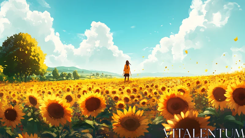 Solitary figure stands in vast sunlit sunflower field