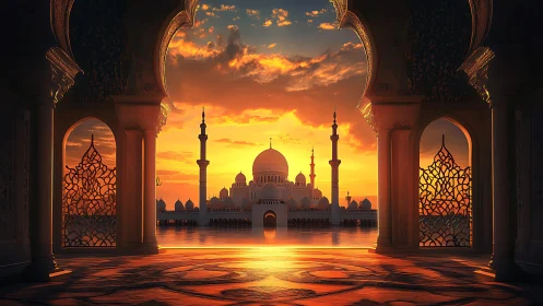Digital painting of mosque interior framing luminous sunset.