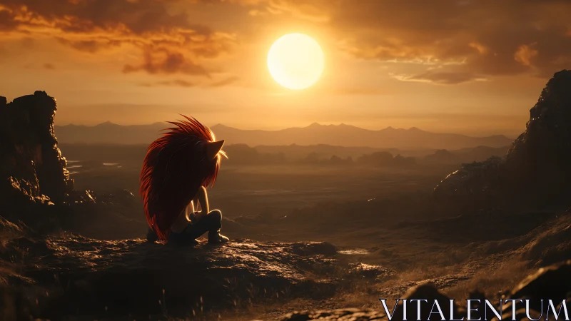 Sunset pause with a spiky wanderer on quiet cliffs.