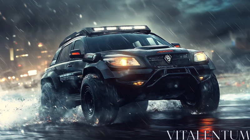 Off-road SUV cuts through neon-lit city storm at night.