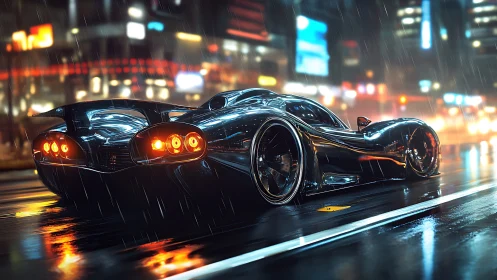 Sleek futuristic supercar glowing on a rainy neon city street.