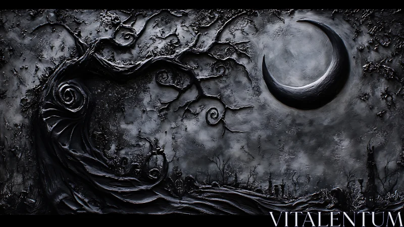 Monochrome textured nightscape with crescent moon relief.