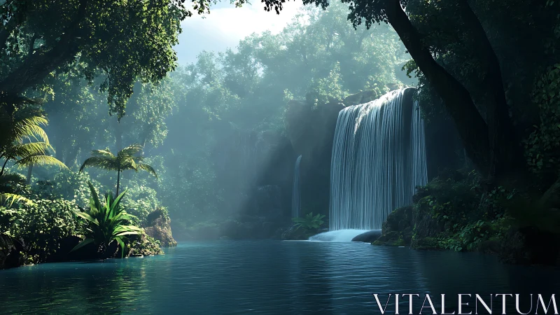 Lush jungle cascade pouring into serene teal lagoon.