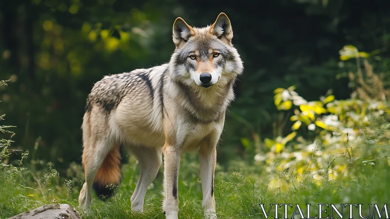 Wild forest wolf pauses calmly in a sunlit green clearing