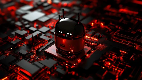 Cyberpunk android core on red-illuminated circuit board elevation.