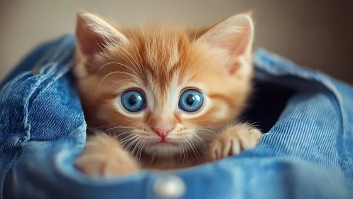 Ginger Kitten with Striking Blue Eyes Wrapped in Denim.