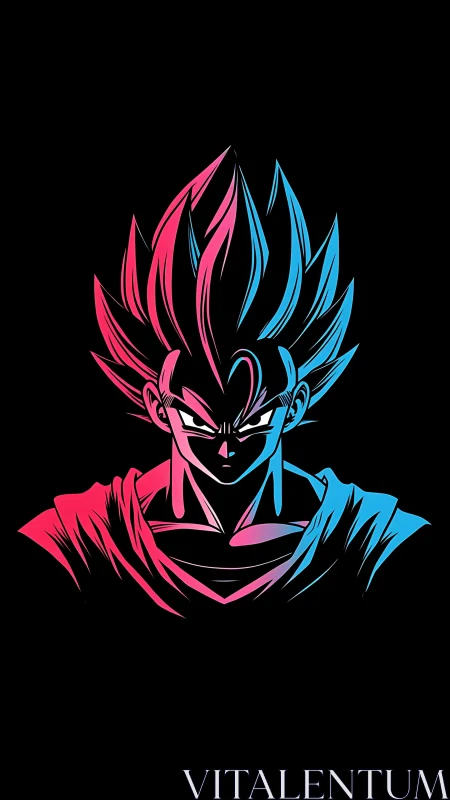 Neon split-tone anime warrior bust on black field.