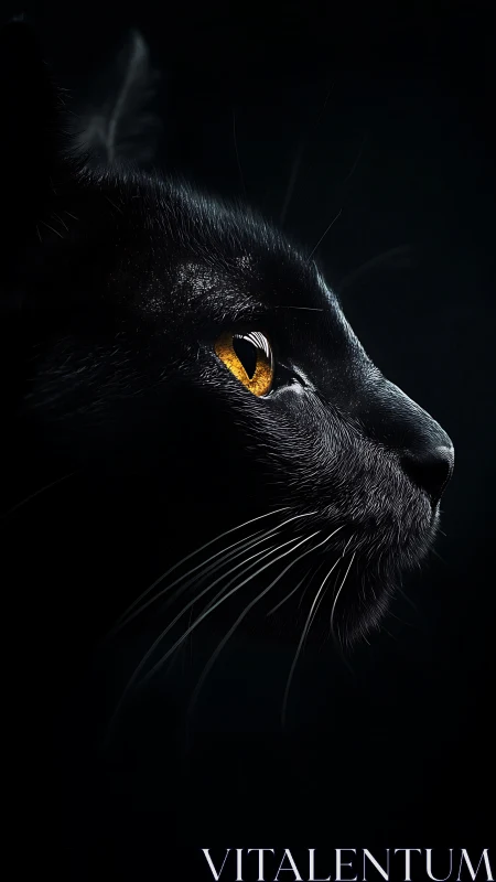 Black Cat's Golden Gaze Against Dark Backdrop.