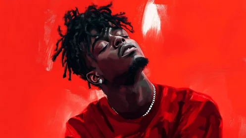 Portrait shows young man in red shirt against flat red field