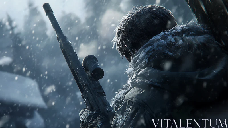 Soldier with rifle in heavy snowfall conditions.