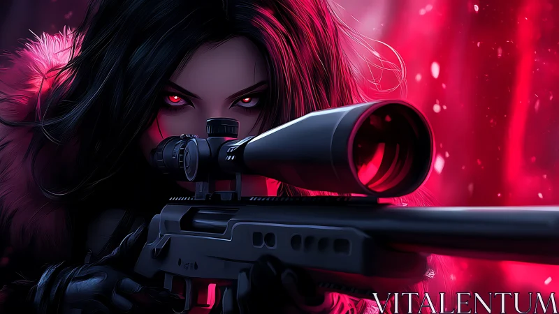 Cyberpunk Operative with Sniper Rifle in Neon Red Environment.