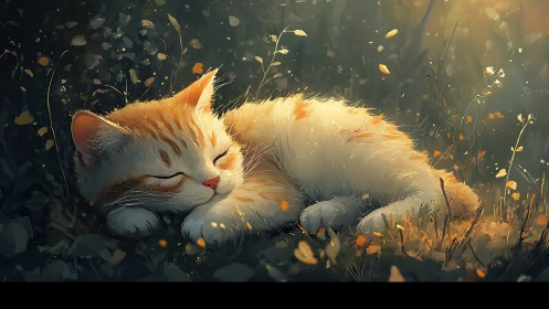 Marmalade Dreams: A Feline's Golden Hour Rest Among Autumn Whispers.