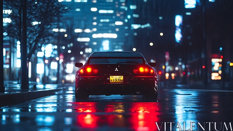 Sleek city coupe waiting in the glow of a rainy night street.