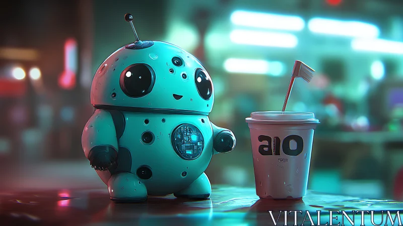 Cute teal robot enjoys neon cafe break beside drink cup