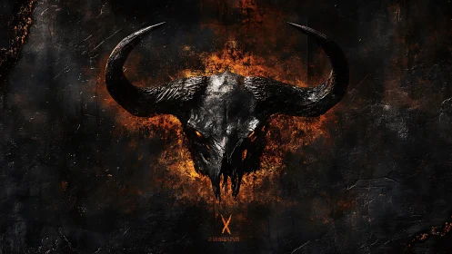 Demonic bull skull burns over molten textured darkness