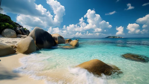 Tropical Coastal Formation: Crystalline Turquoise Waters with Granitic Boulder Configurations