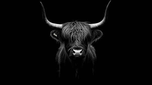Highland bull portrait in stark monochrome chiaroscuro.