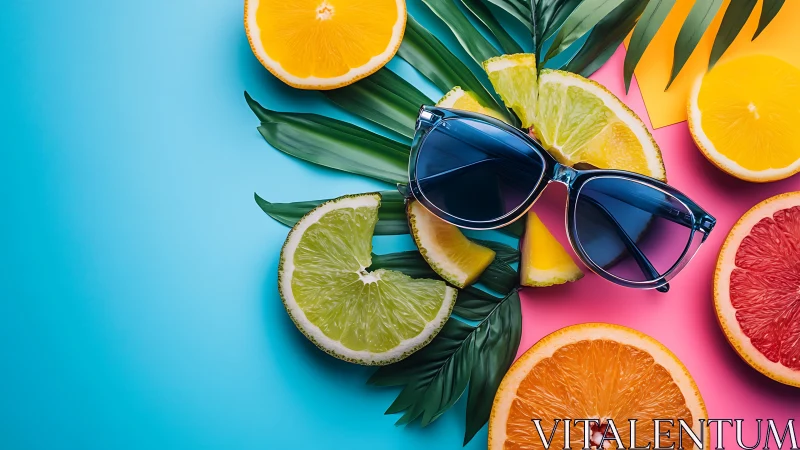Sunglasses with sliced citrus fruit on split color surface.