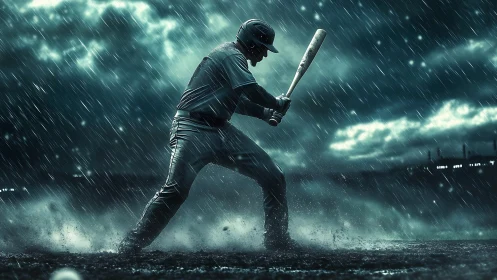 Storm-lit baseball batter silhouette under dynamic rainfall field.