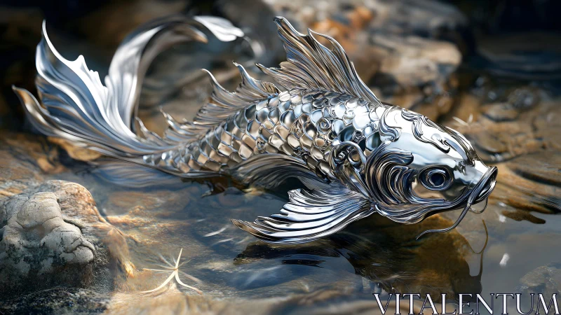 Shiny Metallic Koi Fish Sculpture in Stream, Hyper-Realistic Art.