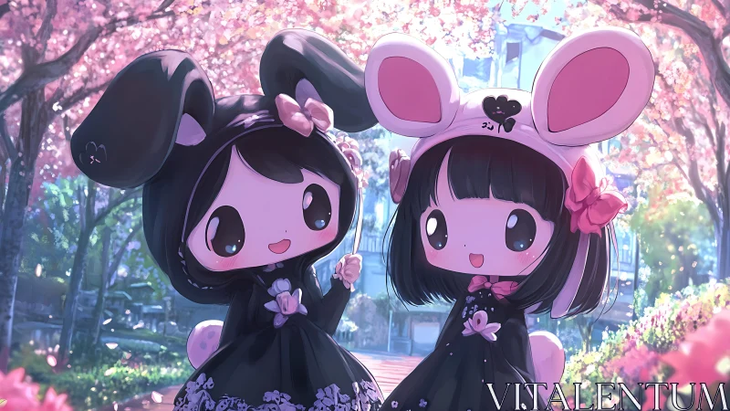 Two stylized bunny-costumed characters stand under cherry trees