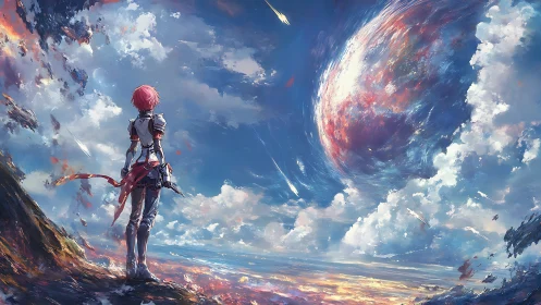 Stargazer on the cliff watching a swirling painted planet.