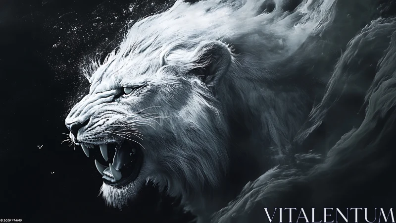 Roaring white lion emerges from swirling spectral mist