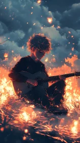 Teen guitarist sitting in glowing embers under dark sky.