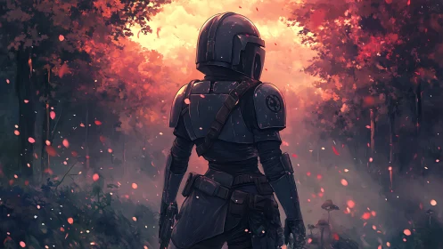 Armored scout surveys misty forest under cinematic sunset glow