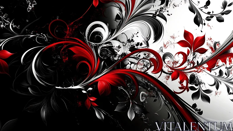 Flourishing red and white floral swirls divide light and shadow.