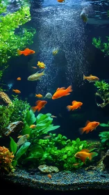 High-clarity freshwater aquarium with goldfish and aeration column
