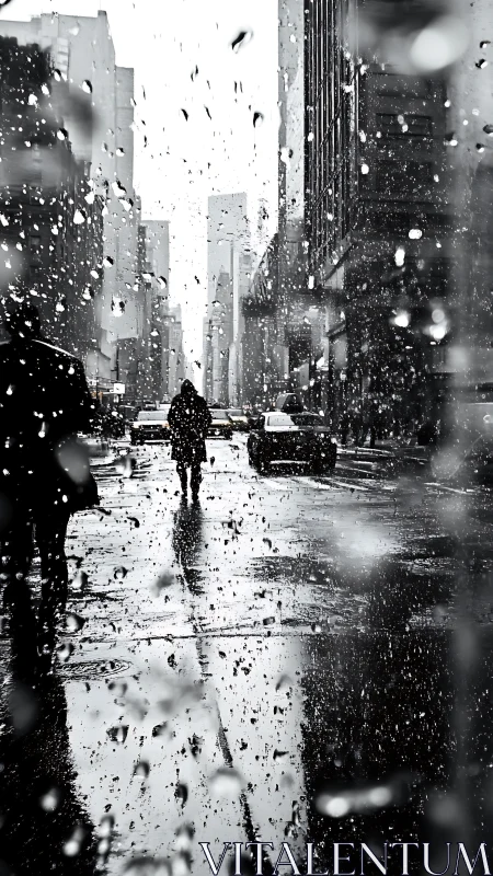 Solitary city walker in monochrome rain-soaked street scene.