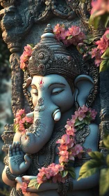 Gentle stone Ganesha wrapped in blossoms and evening light.
