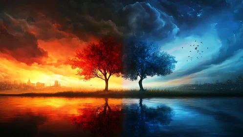 Dual colored trees divide fiery sunset and cool night sky.