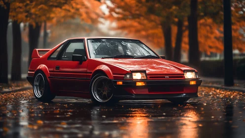 Scarlet retro coupe glows against rainy autumn boulevard.