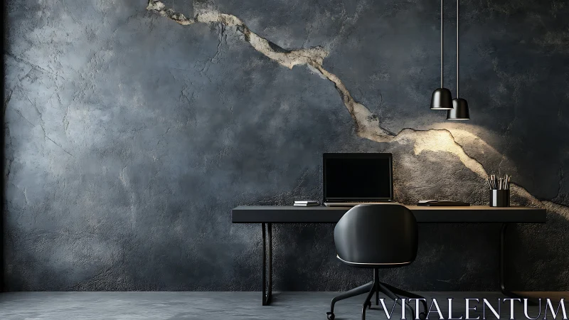 Minimalist workspace stands against dark cracked concrete wall