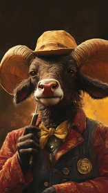 Ram in tailored suit and hat holding pen, warm portrait.