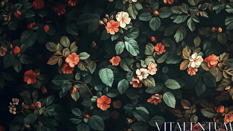 Dark floral composition with layered botanical elements and warm chromatic transitions