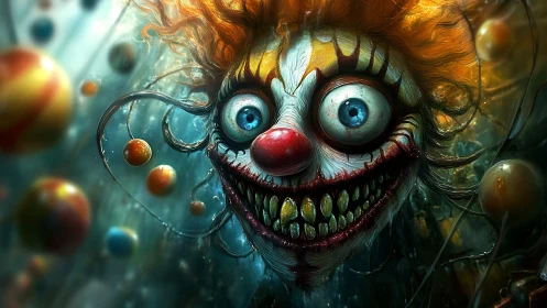 Laughing abyss clown with feral grin and carnival orbs.
