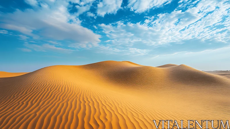 Golden desert dunes under vivid blue sky at sunrise.