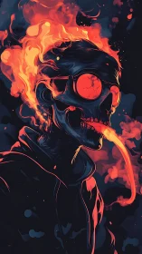 Flaming neon skull portrait with molten sunglasses glow.