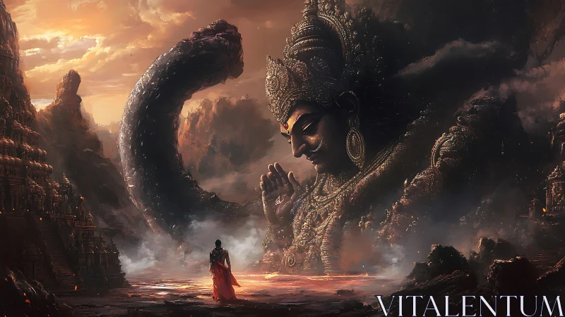 Colossal deity sculpture emerging in volcanic twilight realm.
