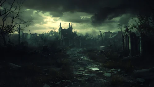 Forsaken city street under storm-laden twilight skies.